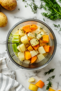 This image shows the soup mixture of simmered vegetables and stock inside a glass blender placed on a white marble countertop.