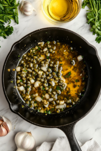 simmering-white-wine-sauce-with-capers-in-pan