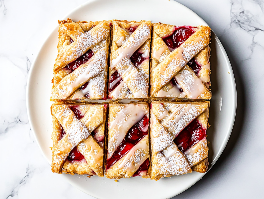 This image shows sliced cherry pie bars arranged on a white ceramic plate, with a sugar glaze drizzle and powdered sugar topping over golden criss-cross crusts, set on a clean white marble surface.