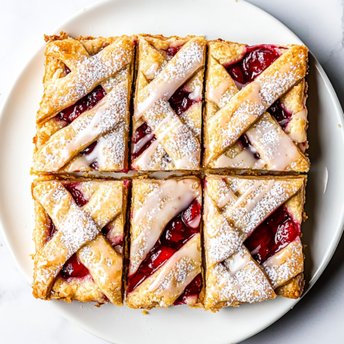 This image shows sliced cherry pie bars arranged on a white ceramic plate, with a sugar glaze drizzle and powdered sugar topping over golden criss-cross crusts, set on a clean white marble surface.