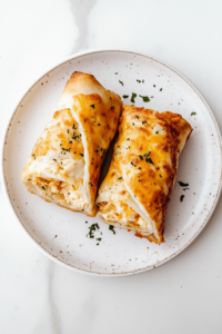 This image shows the cooked cheesy garlic chicken rolls sliced in half and served warm on a white plate over a white marble cooktop.