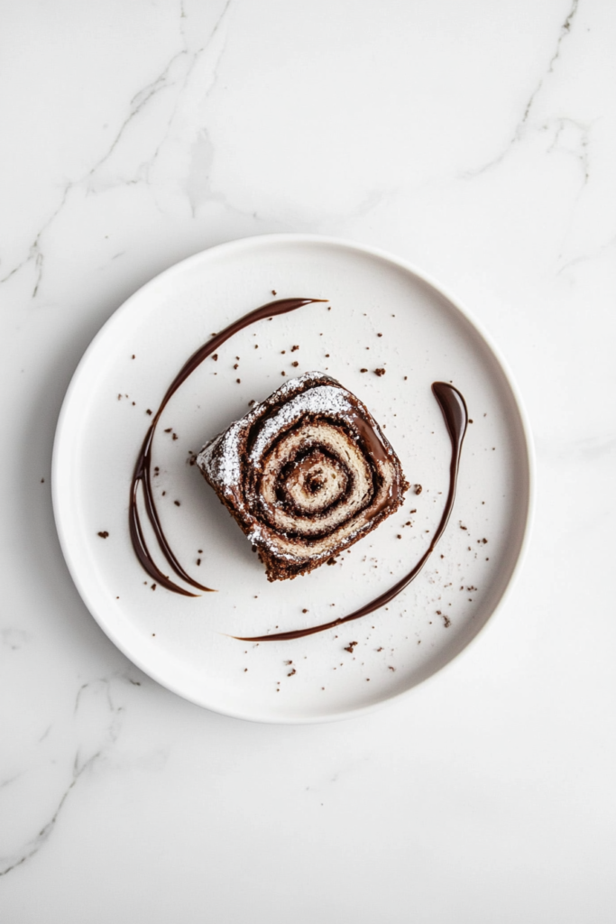 slicing-and-serving-chocolate-cake-roll-with-fudge-sauce-top-down-2
