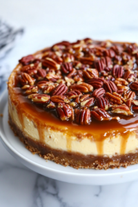 slicing-pecan-pie-cheesecake-and-drizzling-with-warm-caramel
