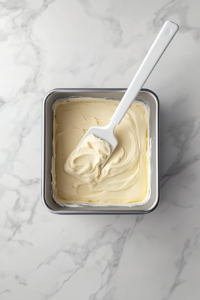 This image shows smooth pale yellow butter cake batter being spread evenly into a greased 8-inch silver square baking pan using a white rubber spatula, placed on a white marble cooktop.