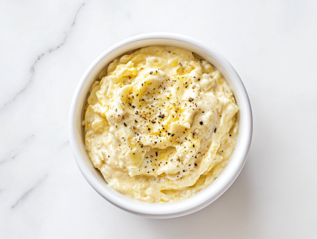 This image shows a Southern-style egg salad in a round white ceramic bowl. The creamy, pale yellow salad is generously flecked with black pepper, giving it a rustic and inviting look.