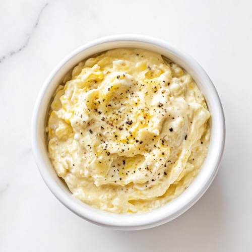 This image shows a Southern-style egg salad in a round white ceramic bowl. The creamy, pale yellow salad is generously flecked with black pepper, giving it a rustic and inviting look.