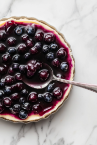 This image shows melted jelly being spooned over frozen blueberries to give the cheesecake a beautiful glossy fruit glaze.