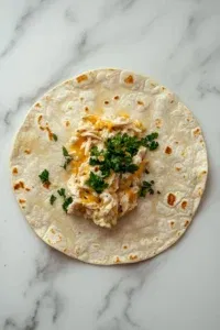 This image shows a tortilla laid flat on a white marble cooktop with a generous scoop of chicken-cheese mixture spread in the center.
