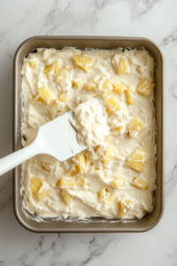 This image shows a creamy pineapple mixture being spread generously over a cooled rectangular cake in a baking pan, creating a fluffy and fruity layer.