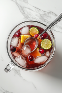 This image shows a hand gently stirring the vibrant red cranberry pineapple punch using a wooden spoon, mixing the flavors and floating fruit pieces evenly.