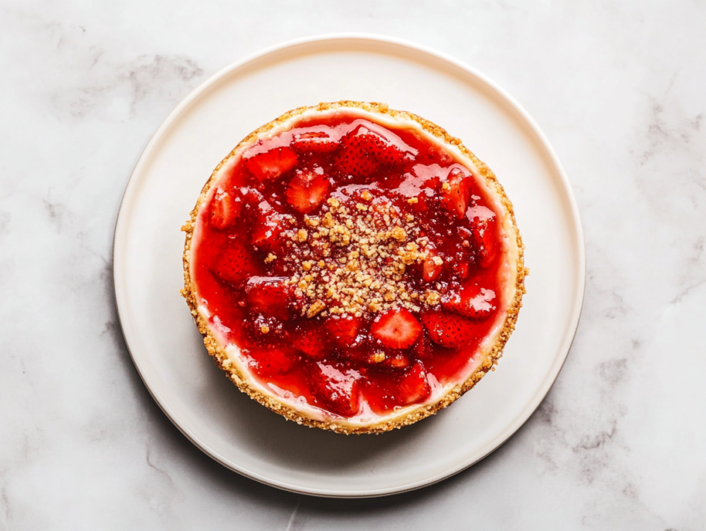 This image shows a luscious Strawberry Crunch Cheesecake on a round white plate, topped with glossy strawberry jelly and sprinkled with a golden crumb garnish.