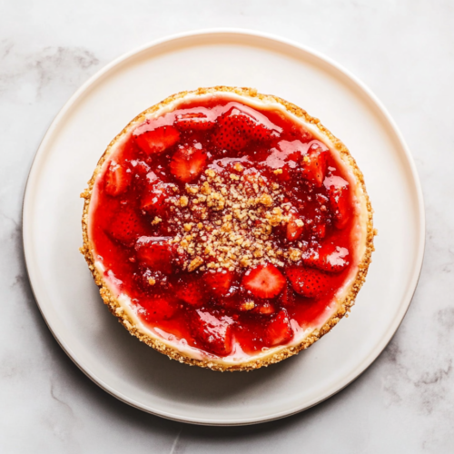 This image shows a luscious Strawberry Crunch Cheesecake on a round white plate, topped with glossy strawberry jelly and sprinkled with a golden crumb garnish.