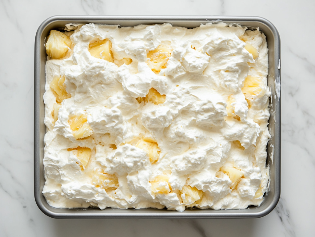 sugar-free-pineapple-cake-in-baking-tray-topped-with-cream-and-infused-pineapple