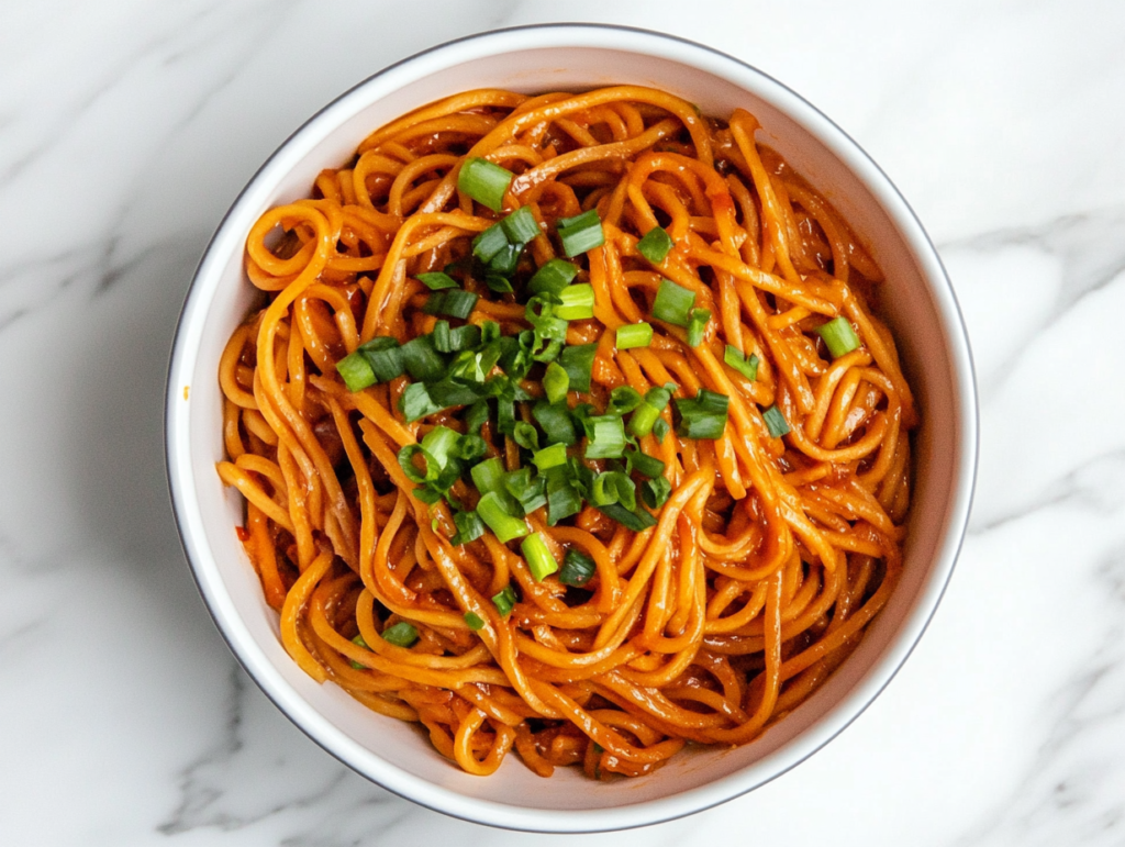 sweet-chili-noodles-in-white-bowl-coated-in-glossy-sauce-with-green-onion-garnish