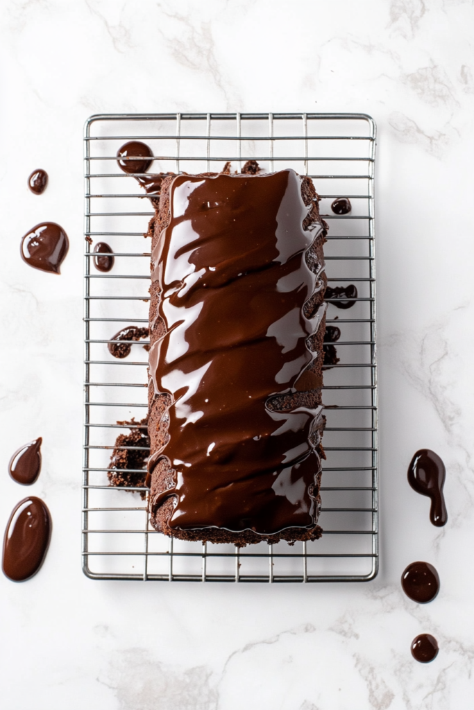 This image shows the chocolate Swiss roll being coated with glossy ganache on a wire rack over a white marble countertop.