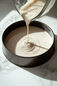 the-silky-cheesecake-batter-being-poured-into-a-round-cake-pan-for-baking
