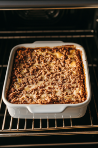 This image shows the cake mix toffee bars baking in the oven on the center rack. The surface appears golden and slightly bubbling. Shot from above with the surrounding white marble cooktop partially visible.