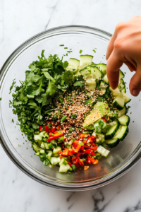 This image shows the salad garnished with extra chopped chives, fresh cilantro, and a generous sprinkle of white sesame seeds for texture and flavor.