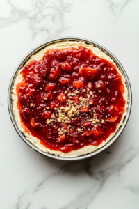 topping-baked-cheesecake-with-strawberry-sauce-and-crunchy-crumb-for-final-touch