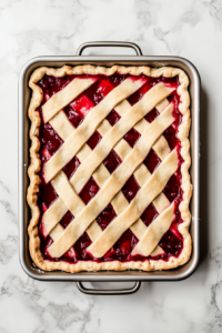 This image shows teaspoonfuls of dough dropped over a cherry filling layer in a rectangular baking pan on a white marble countertop.