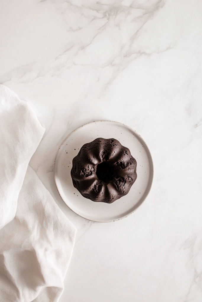 This image shows the fully unmolded chocolate chocolate chip Bundt cake resting on a white ceramic plate over a clean white marble countertop.