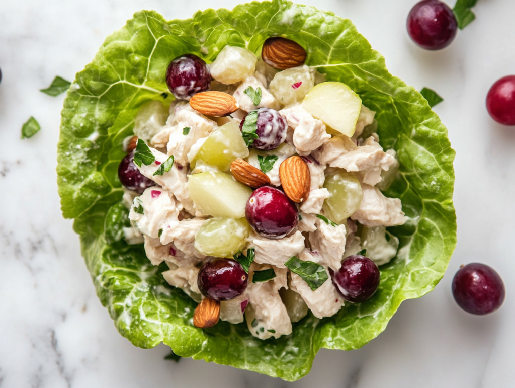 This image shows a top-down view of fresh chicken salad lettuce wraps arranged neatly on a white plate over a clean white marble countertop, the background is completely clear, ensuring the focus remains on the vibrant green lettuce leaves filled with creamy chicken salad.
