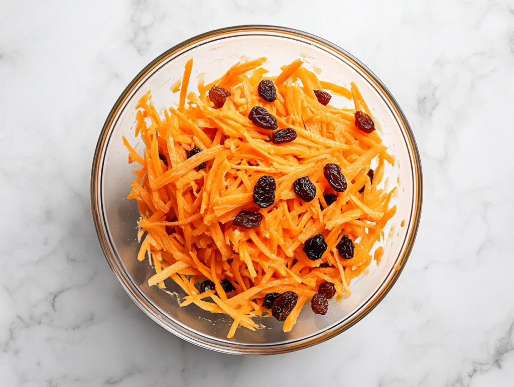 This image shows a vibrant carrot raisin salad tossed in creamy dressing, sitting in a clear glass bowl on a spotless white marble countertop, captured in natural light.