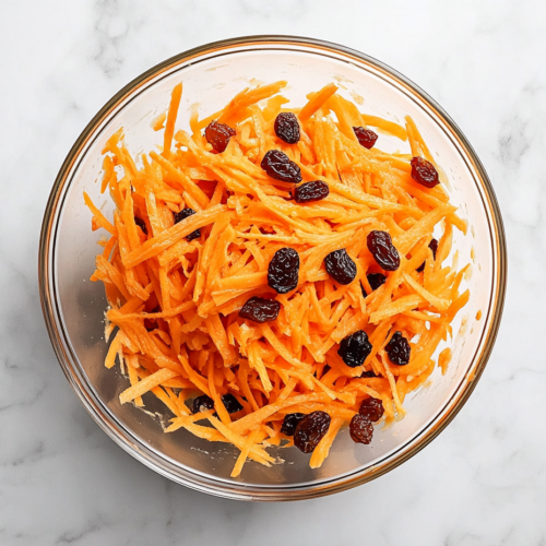 This image shows a vibrant carrot raisin salad tossed in creamy dressing, sitting in a clear glass bowl on a spotless white marble countertop, captured in natural light.