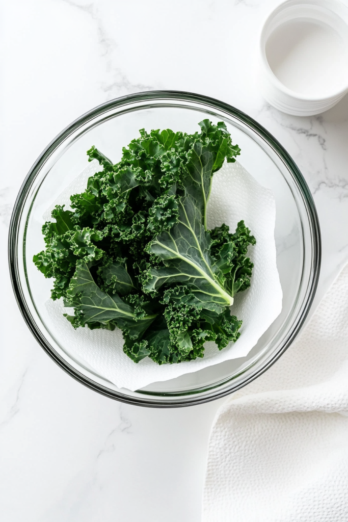 washing-drying-kale-glass-bowl-white-marble
