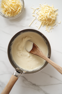 This image shows melted butter combined with flour to form a light roux in a stainless steel saucepan, with a wooden whisk resting on the edge and a glass bowl of flour nearby.