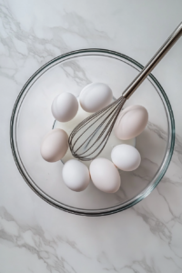 This image shows a bowl of cracked eggs being whisked with milk, salt, and black pepper, creating a fluffy mixture ready for scrambling.