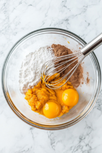 This image shows a smooth pumpkin pie filling being whisked in a mixing bowl, combining pumpkin purée, eggs, sugar, and spices into a velvety mixture.
