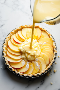 This image shows a creamy custard being whisked together with flour, eggs, sugar, and luscious crème fraîche.