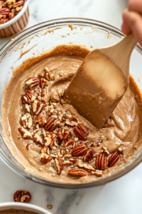 This image shows a top-down view of a clear glass bowl filled with smooth, creamy butter rum cake batter being whisked gently by hand, placed on a clean white marble cooktop.