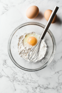This image shows sugar, flour, and eggs being whisked together in a bowl as the first step in making a rich custard.