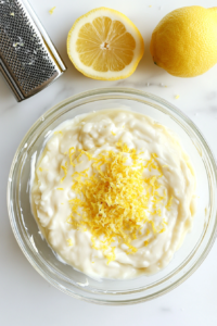 This image shows fresh lemon zest being added to the aioli mixture, offering an extra layer of citrus brightness and aromatic flavor.