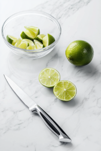 This image shows limes sliced into juicy wedges on a cutting board, ready to release their bright and tangy flavor into the creamy Brazilian lemonade.