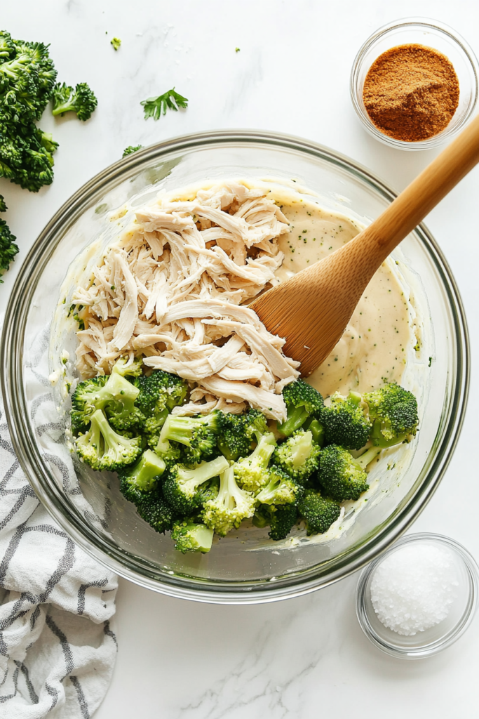 mixing-shredded-chicken-and-chopped-broccoli-for-stuffed-shells-5653452-683x1024