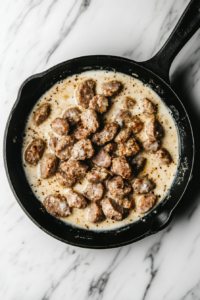 This image shows browned sausage simmering with cream and Cajun seasoning in a black cast-iron skillet over a white marble cooktop.