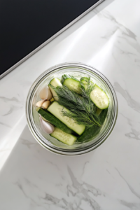adding-dill-garlic-bay-leaf-to-pickle-jar-on-white-marble