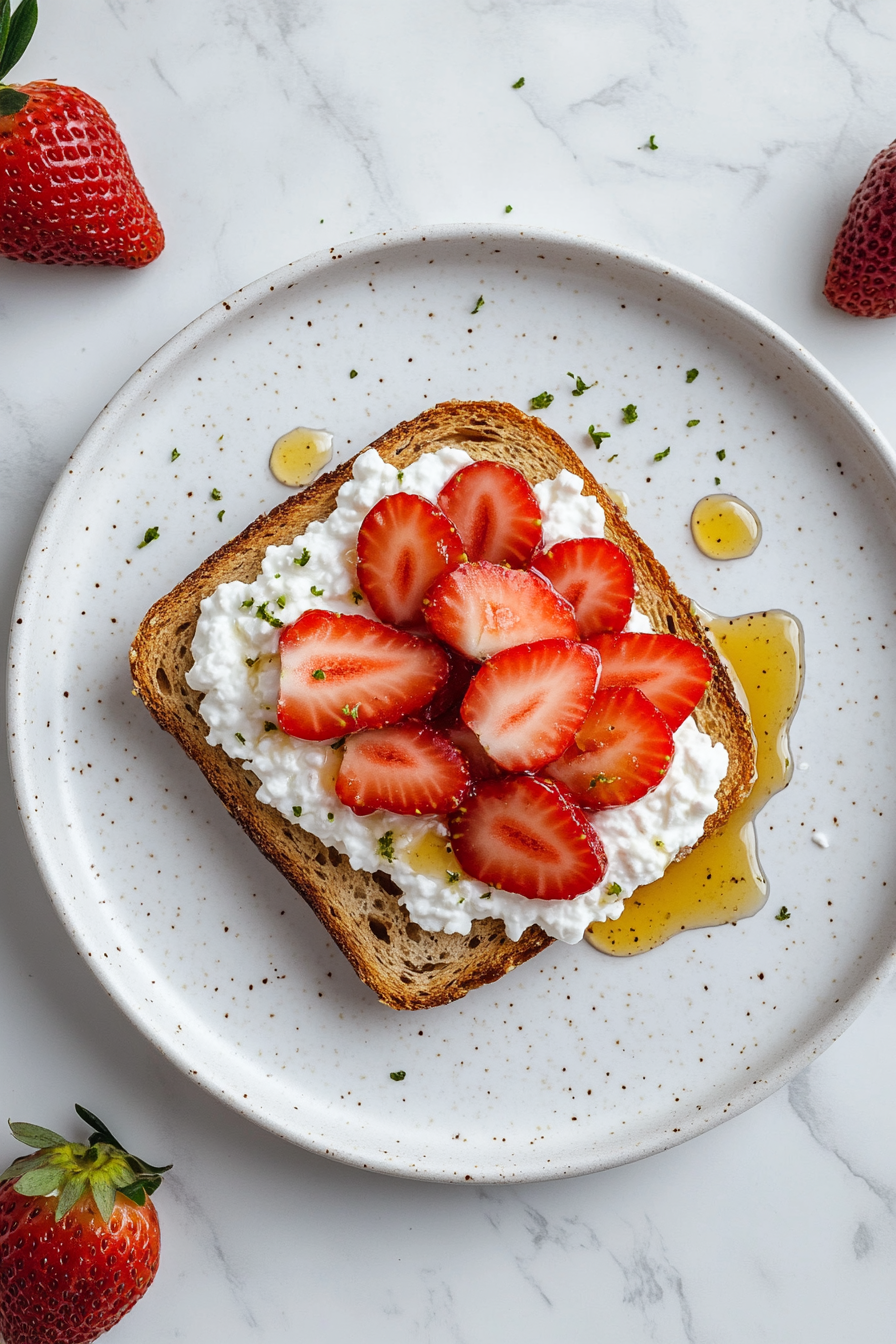 This image shows a top-down view of a slice of toasted multigrain bread on a matte white ceramic plate over a clean white marble countertop, topped with white low-fat cottage cheese, fresh sliced strawberries, and a light drizzle of golden honey.