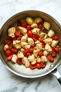 This image shows golden chicken mixed with minced garlic, sun-dried tomatoes, grape tomatoes, and artichoke hearts in a stainless steel skillet on a clean white marble cooktop.