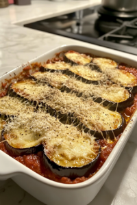 adding-layer-eggplant-parmesan-and-sauce-in-white-ceramic-dish