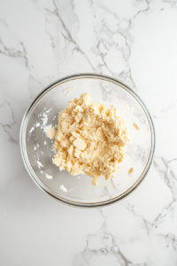 This image shows a top-down view of a glass bowl containing a peanut butter mixture with sugar, eggs, and vanilla added over a white marble cooktop.