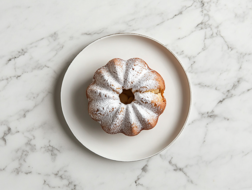 This image shows a golden-brown Apple Bundt Cake dusted with powdered sugar and sitting on a white marble countertop. The cake has a classic ring shape and a beautifully textured crust.