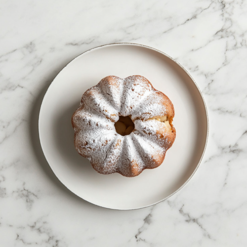 This image shows a golden-brown Apple Bundt Cake dusted with powdered sugar and sitting on a white marble countertop. The cake has a classic ring shape and a beautifully textured crust.