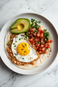 This image shows a tortilla topped with refried beans and ranchero sauce being assembled on a white ceramic plate over a white marble cooktop.