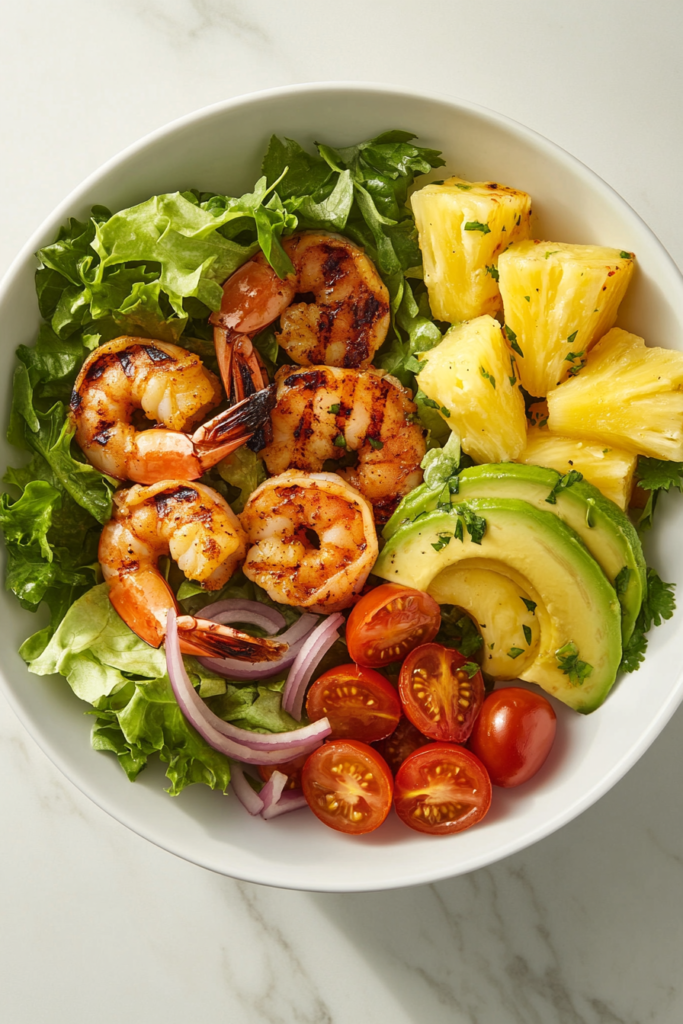 This image shows salad being assembled in a white ceramic bowl on a white marble cooktop with grilled shrimp, grilled pineapple, avocado slices, halved cherry tomatoes, red onion, and romaine lettuce. All ingredients are already inside the bowl.