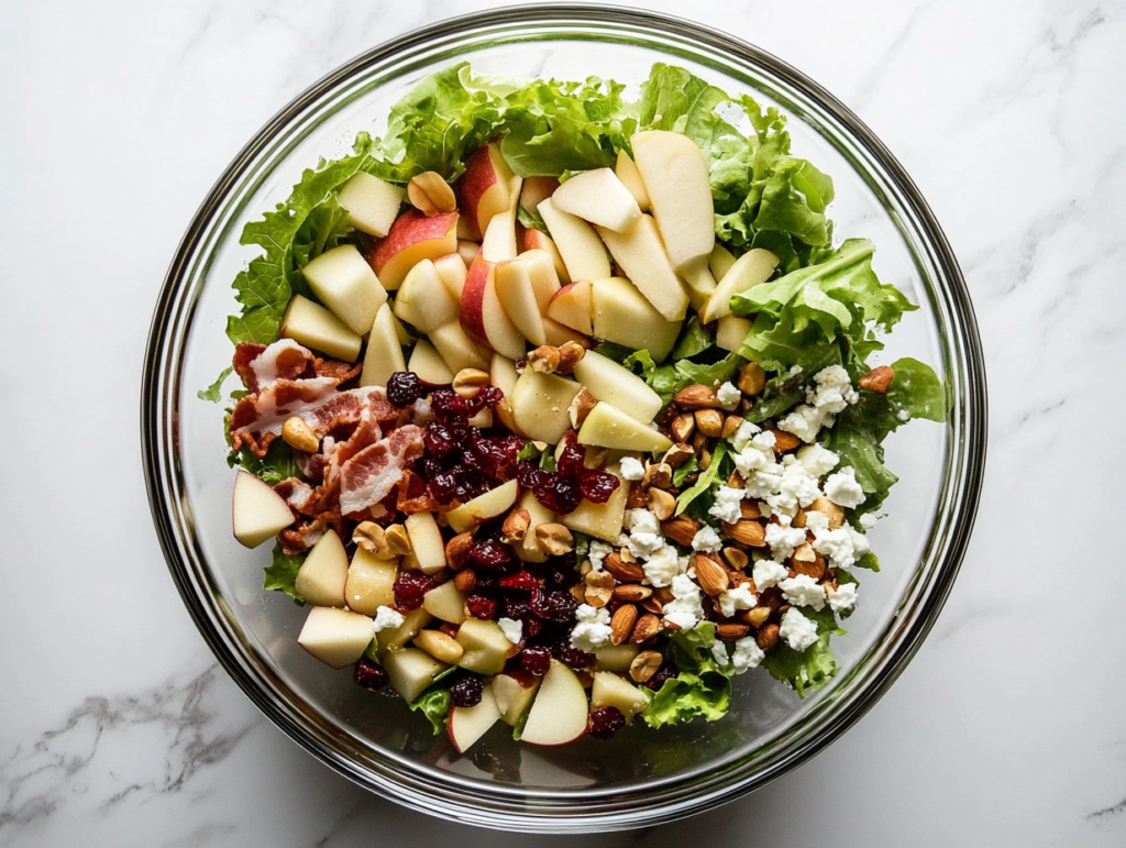This image shows a top-down view of Autumn Chopped Salad in a large white ceramic bowl on a white marble countertop, featuring a colorful mix of fresh fruits, vegetables, bacon, and cheese.