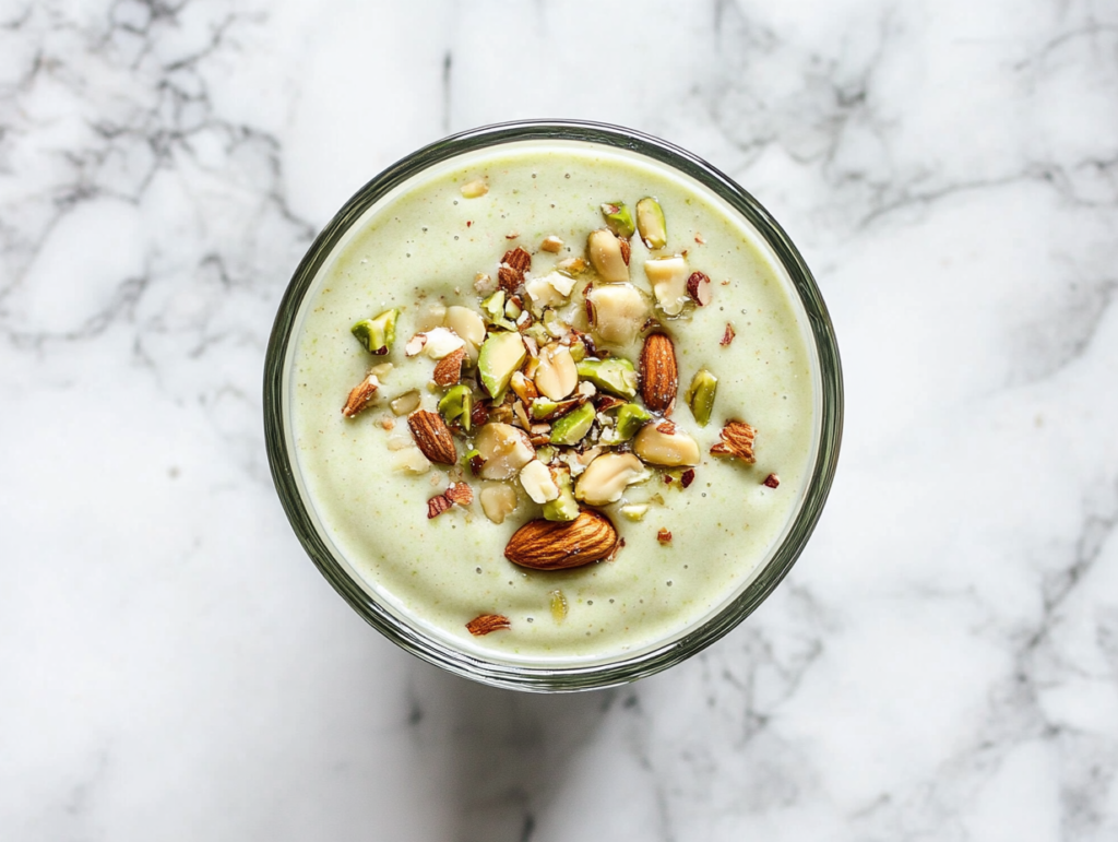 This image shows a tall clear glass filled with creamy light green avocado banana smoothie, topped with chopped cashews, almonds, and pistachios, and drizzled with honey. The glass sits alone on a spotless white marble countertop with a clean, minimal background.